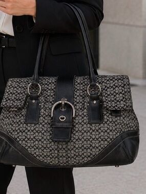 Coach Black and Gray Signature Jacquard Tote with Buckle Accent
